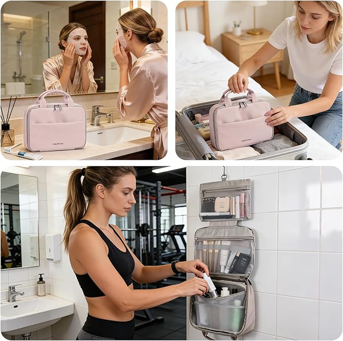 Greenfeather Hanging Travel Toiletry Bag for Women, Compact Yet Spacious Makeup & Cosmetic Organizer with Multiple Compartments, Waterproof Portable Bag for Short Trips & Weekend Travel (Rose Pink)