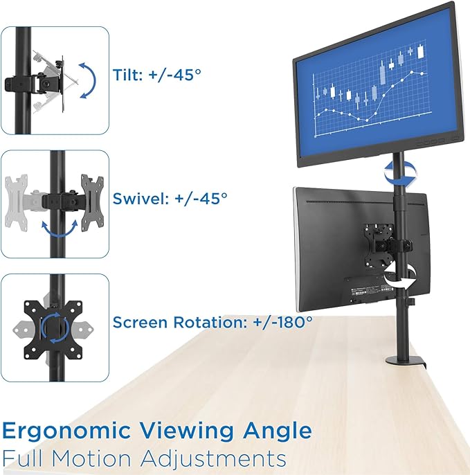 Mount-It! Vertical Dual Monitor Mount | Stacked Monitor Desk Stand | Fits 2 Computer Screens 19 20 21 22 23 24 27 32 Inches | C-Clamp and Grommet Bases | VESA 75 100 Compatible
