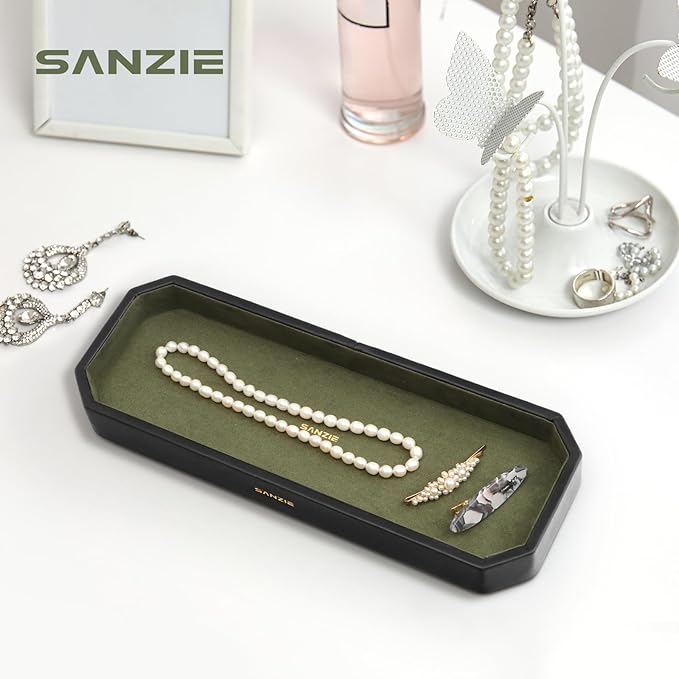 SANZIE Leather Tray Organizer Small Trays Decorative Tray Desktop Storage Premium Serving Tray Valet for Sundries Cosmetics Keys Phone Wallet Cutlery (Black, Medium)