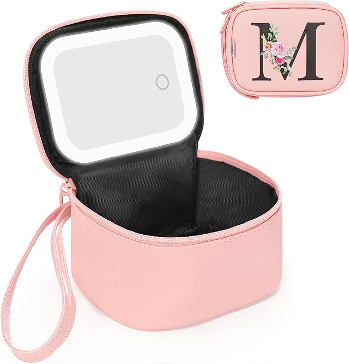 Relavel Mini Makeup Bag with Led Mirror for Mothers Day Gifts, Initial Cosmetic Bag with 3 Lighting Modes, Personalized Travel Bag, Preppy Make Up Pouch for Trip - Pink M