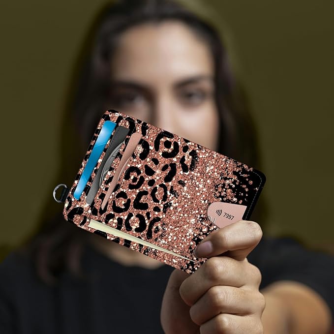 Small Travel Wallets, Leopard Glitter Slim Minimalist Front Pocket Wallet with Wristlet, RFID Blocking PU Leather Credit Card Holder with ID Window Change Purse for Men Women