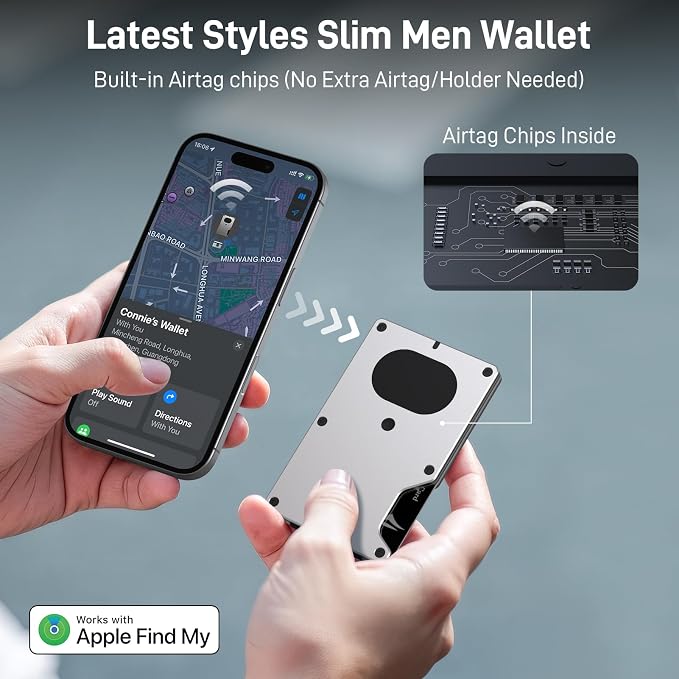 Slim Wallet for Men and Women, Smart Metal Wallet Built-in Airtag Chip, Minimalist Wallet Compatible with Apple Find My, RFID Blocking Credit Card Holder with Money Clip (Grey)