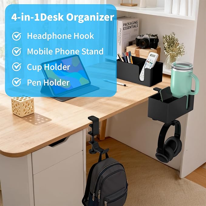 OOKUU 4-in-1 Desk Organizer- Large Desk Cup Holder Clamp with Headphone Stand, Pencil Holder and Phone Stand - Detachable, Rotating Hanger, Office & PC Gaming Accessories for Cup, Phone and Pen
