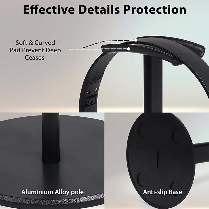 Headphone Stand for Desk, Curved Headset Stand with Aluminum Rod, Abs Solid Base, Gaming Headset Holder for Table Top,Headphone Accessories for Organization and Display (Black)