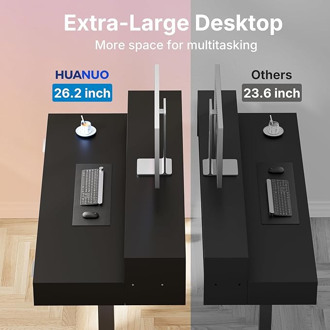 HUANUO 63″ x 26″ Electric Standing Desk with 2 Drawers &24.4″ Large Keyboard Tray, C-Clamp Mount Compatible, Adjustable Computer Desk for Office, Sit Stand Up Desk with 4 Height Presets, Black
