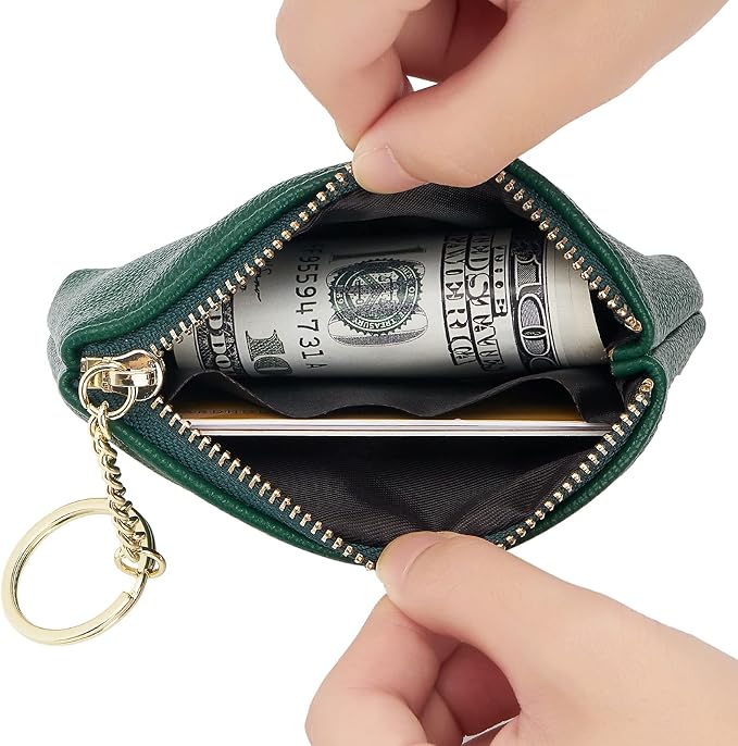 WOZEAH Artificial Leather Coin Purse Change Purse With Key Chain Ring Zipper For Men Women (A Green)