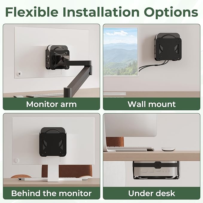 4-in-1 Mount for Mac mini M4/ M4 Pro, VESA Mount/Under Desk Mount/Wall Mount/Attach to Monitor Arm Mount, All-in-One Space Saving Mounting Bracket with Cable Management Straps