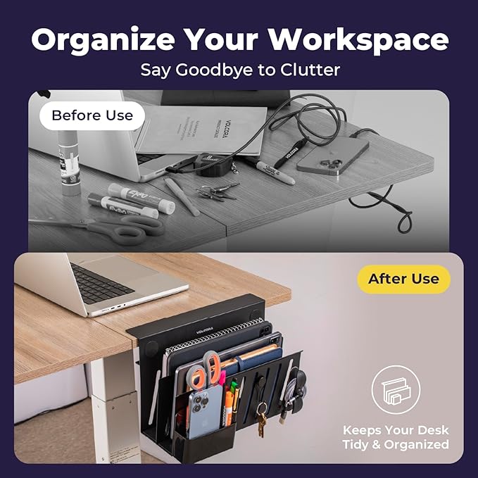 Volcora Side Storage, Under Laptop Holder, No Drill Organizer with Magnetic Pen Box, Cable Clamp, Hanging Organizer, Desk Mount File Holder for Office and Home, 2 Tier Black