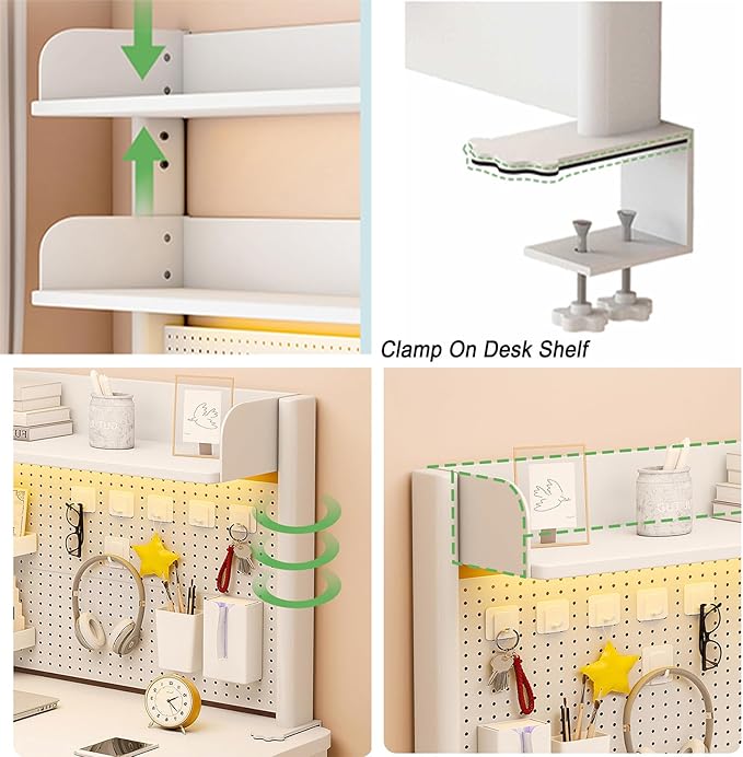 Clamp on Desk Organizer Shelf, Desk Extender Pegboard Workstation White Desk Side Storage Bookshelf Shelves for Office 37.4x31.5 in(HxL)