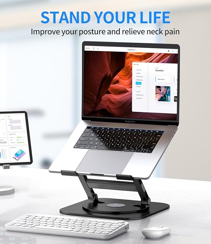AOEVI Adjustable Laptop Stand with 360 Rotating Base, Stable Computer Stand for Laptop Ergonimic Foldable Laptop Riser for Desk Compatible with MacBook Pro/Air Notebook up to 16 Inches, Black