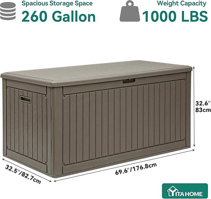 YITAHOME 260 Gallon Extra Large Deck Box, Double-Wall Resin Outdoor Storage Box with Flexible Divider for Patio Cushions Garden Tools, 1000lbs Load Capacity, Lockable & Waterproof (Light Brown)