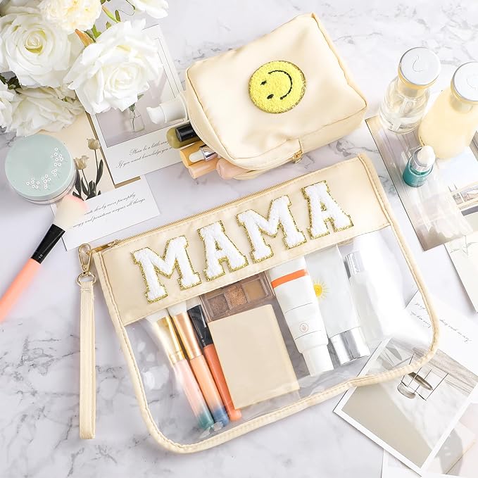 Hillban 2 Pcs Mom Gifts Mama Makeup Bag for Hospital Chenille Letter Pouch Preppy Patch Beach Travel Bags Aesthetic Waterproof Portable Toiletry Storage