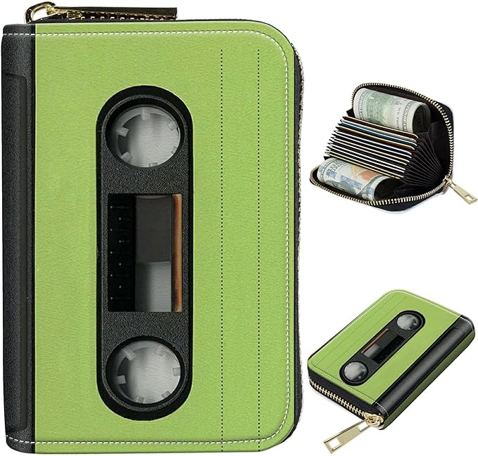 Cute Credit Card Holder with Zipper, Green Tape Cassette RFID-Blocking Card Case Small Wallet for Women Men, Multi-slot Card Organizer Case Travel Accordion Wallet