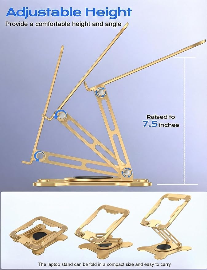 Adjustable Laptop Stand for Desk, 360° Rotating Base Ergonomic Computer Stand, Laptop Riser Foldable Protable for Office Home Fits Compatible with MacBook Pro/Air Notebook up to 10-16" Gold