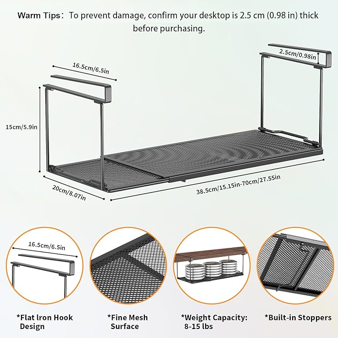 1 Pack Expandable Under Cabinet Shelf, Under Shelf Basket with 0.94 Inches Thick Clips for Kitchen Cupboard, Metal Hanging Under Desk Basket for Laundry Room, Cabinet, Shoe Rack