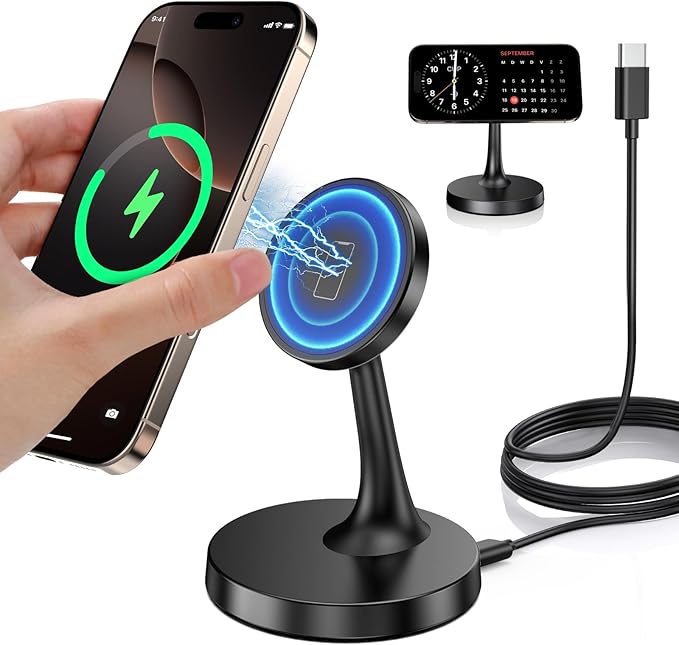 Magnetic Wireless Charger iPhone Stand 15W Fast Mag-Safe Charger for iPhone 17/17 Pro/17 Air/17 Pro Max 16/15/14/13/12 Series Apple Magnet Wireless Charging Station/Pad for AirPods