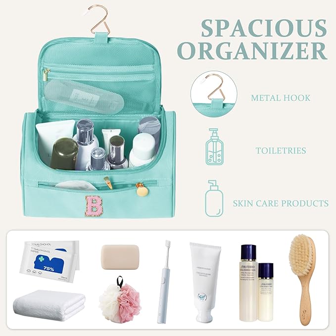 COSHAYSOO Initial Girls Hanging Travel Toiletry Bag Traveling Size Skincare Toiletries Bags Teen Girl Trip Gifts Favors, Summer Fall Camp Essentials for Teenage Sleepaway Sleepover Teal Blue Letter B