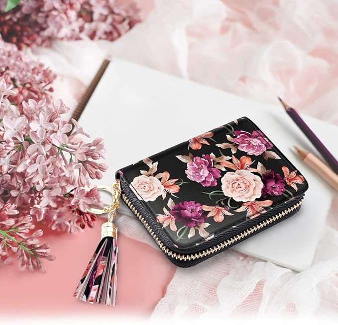 Coco Rossi Women's Flower Credit Card Wallet ID Card Case Floral Cute Accordion Card Holder for Women with Keychan, Black Flower