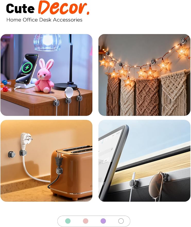 Cable Clips,12 Pack Cord Holder Cord Organizer [1s Lock & Strongest Adhesive] Spring Cord Clips Phone Charger Wire Desk Cable Management Nightstand Home Office School Decor Women Cute Desk Black