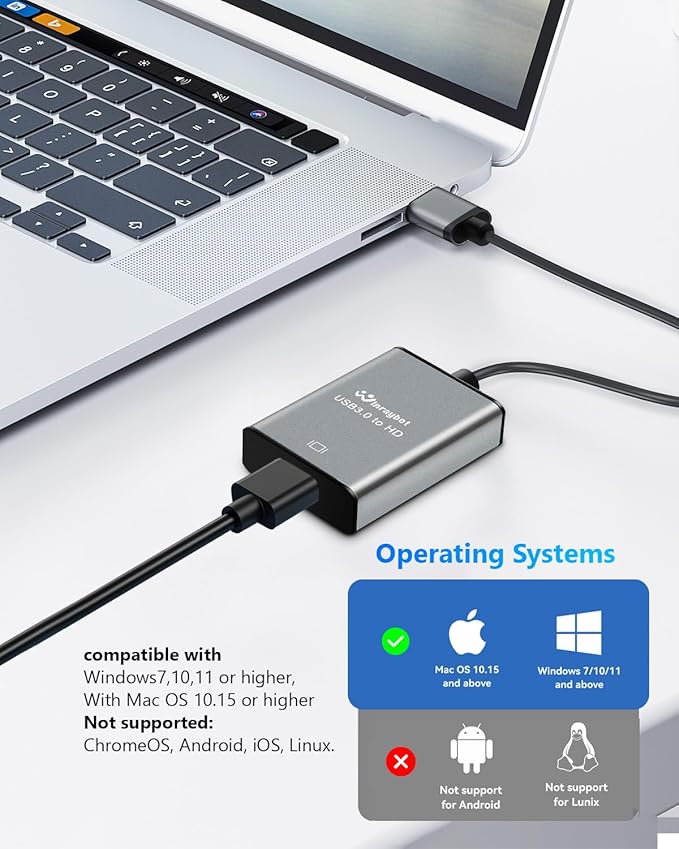 USB to HDMI Adapter for Monitor 1080P@60Hz Display with 5Gbps High Speed Transmission, Support Extend & Mirror Mode, Compatible with Window 7/10/11, Mac OS 10.15+, Laptop, Desktop, TV, Monitor, Silver