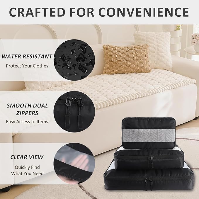 U+U 5 Set Packing Cubes for Travel Essentials Ultralight Luggage Packing Organizers with Laundry Bag and Shoe Bag for Vacation, Business Trip and Camping (Black)