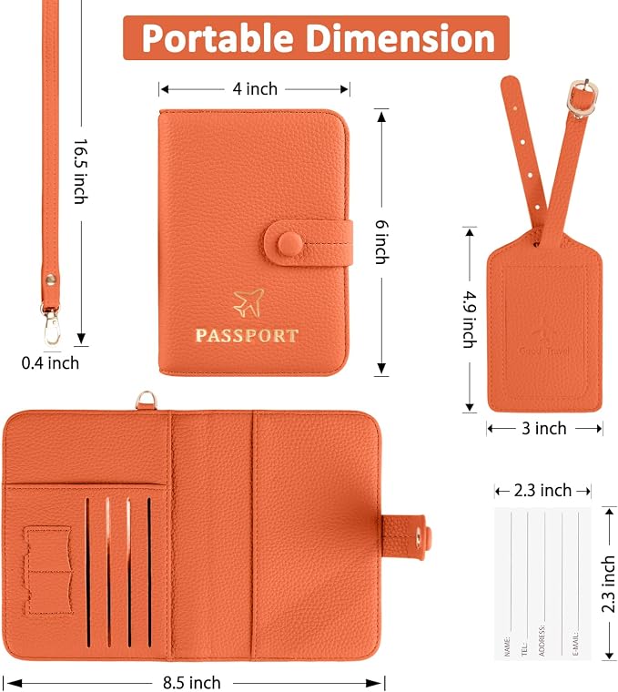 Passport Holder RFID Protected Wallet and Luggage Tag with Protection Cover Travel Accessories Leather Card Case Organizer for Women Men (Orange)