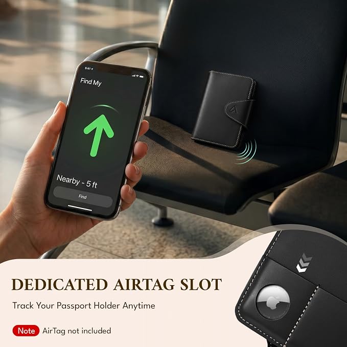 ALLIVE Genuine Leather Passport Holder for Travel Essentials, RFID Blocking Passport Wallet with Built-in AirTag Slot, Passport Cover Case for Travel Must Haves Accessories (Midnight Black)