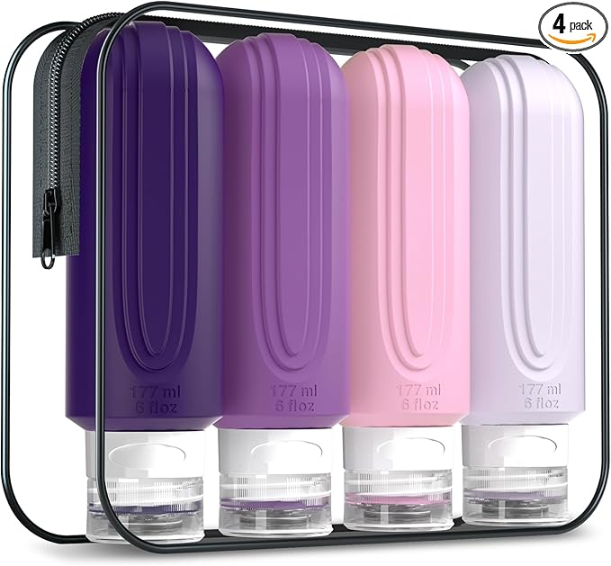Mrsdry Travel Bottles for Toiletries, Large 6oz Oversize Containers, BPA Free Leak Proof Tubs Refillable Liquid Traveler Accessories with Toiletry Bag for Cometic Shampoo and Lotion Soap (4 Pack)