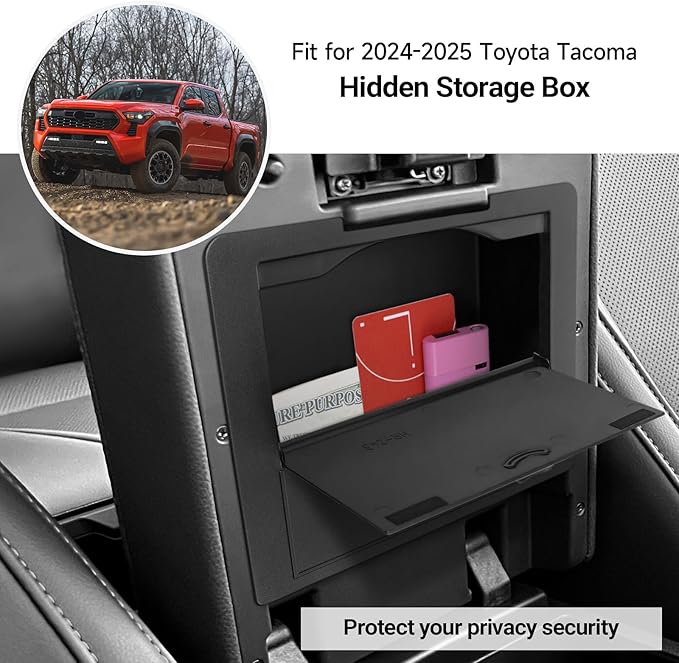 YOJOJOCO Center Console Hidden Box Organizer Compatible with Toyota Tacoma 2024 2025 2026 Accessories Black ABS Plastic Material Secret Compartment
