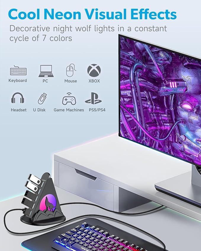 USB Hub 3.0, 7-Port USB Hub with RGB Night Light and Base, Vertical USB a Splitter for Desktop,Laptop, MacBook, Xbox, PS4/5, Game Console, Flash Drive, XPS, PC, Printer, Camera, Keyboard