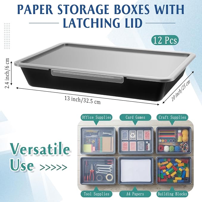 Tinlade 12 Pcs Classroom Paper Storage Bins with Clear Latching Lids Labels, Letter Size Stackable Flat Trays Container Paper Organizer for Teacher Back to School Office Arts Crafts (Black,13x10in)
