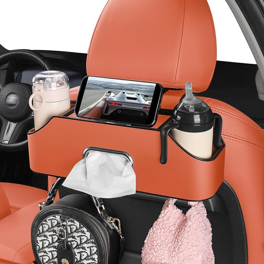 Car Rear Backseat Extra Multifunctional Drink Cup Holder Organizers with Tissue Storage Box Organizer & Hooks for Car Seat Back. Orange