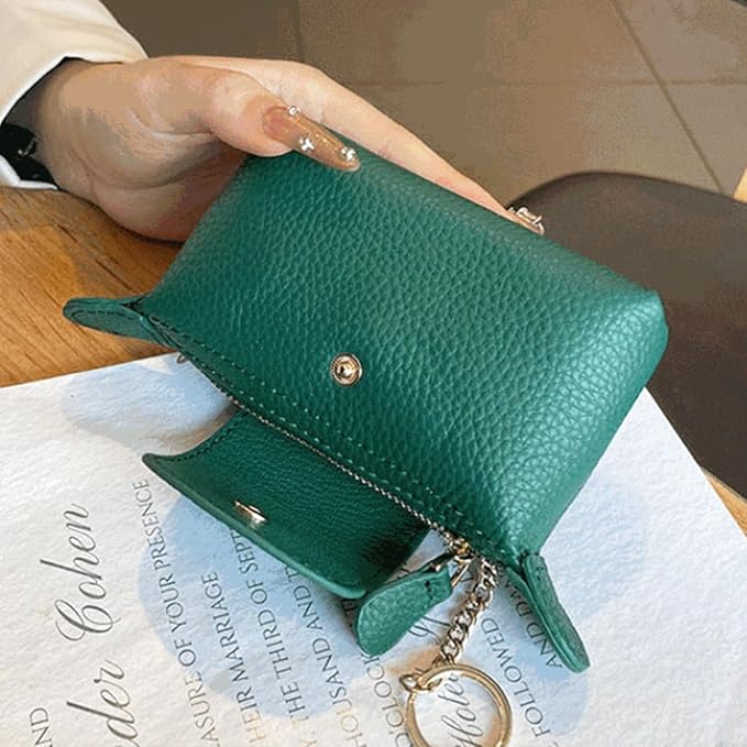 Grass Green Leather Coin Purse with Keychain - Small Zipper Pouch for Women, Mini Wallet for Cash Coins Credit Cards
