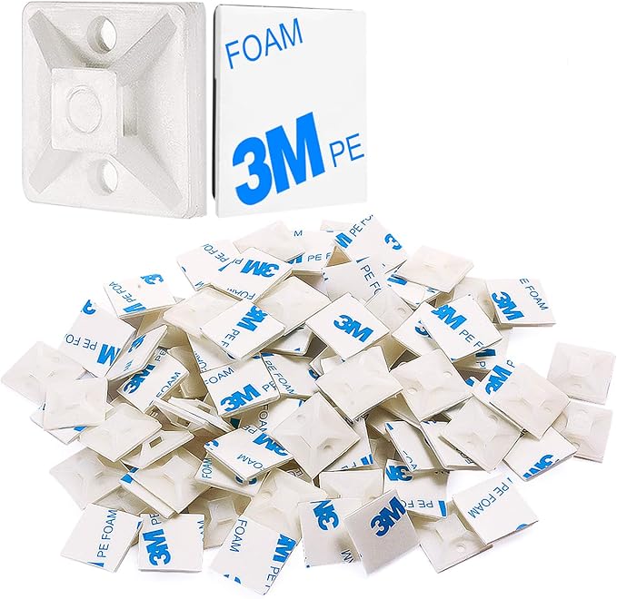 XHF 100 PCS 3/4" White Self Adhesive Cable Zip Tie Mounts Wire Cable Clips Holders Management Anchors Organizer Holders Squares(HS-101S)