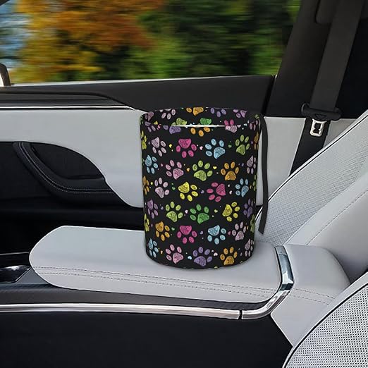 Car Garbage Bag Colorful Paw Print Mini Car Trash Bin Portable Collapsible Waterproof Rubbish Bag for Car Accessories Back Front Seat Cup Holder