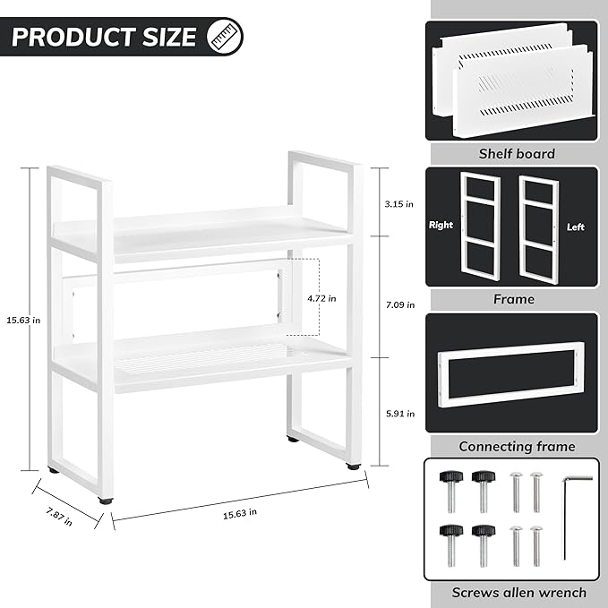 Brakki Desk Shelf Organizer, Adjustable 2 Tier Metal Desktop Shelves, Desktop Bookshelf Organization with Foot Mat, Multi-Functional Small Storage Rack for Office Dorm Home, White