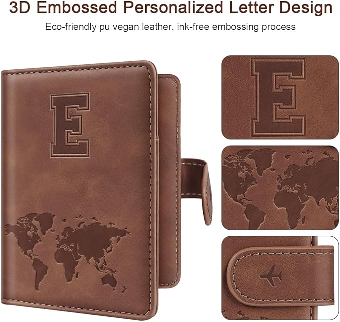Passport Holder Wallet Cover Personalized Letter A-Z Travel Wallet RFID Blocking Passport Cover Wallet Case for Travel Passport Book Holders for Women and Men, Brown-E