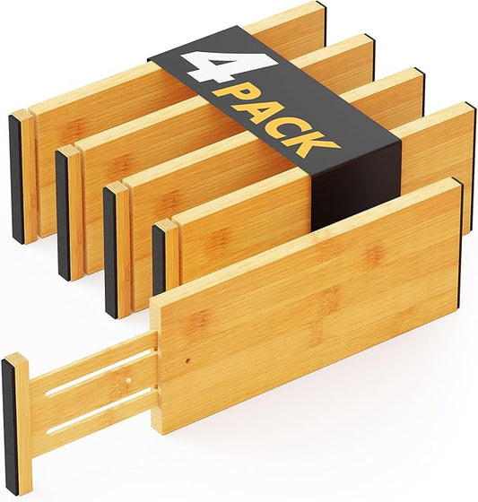 SpaceAid Bamboo 4 Pack Dresser Drawer Dividers, 4.65??High Adjustable 12.5??17??Drawer Organizers, Expandable Organization for Clothing, Clothes, Dressers, Natural