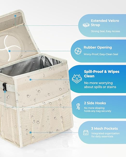 Corduroy Car Trash Can with Lid and Mesh Pockets - Leakproof Organizer,Multipurpose Waterproof Garbage Can/Trash Bin for Car(Off-White-2 Gallons)