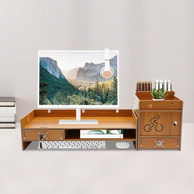 Desktop Monitor Stand, Computer Monitor Stand for Desk, Monitor Riser with Drawer, Desk Monitor Stand Underneath Storage for Office (Cherry Wood Color)