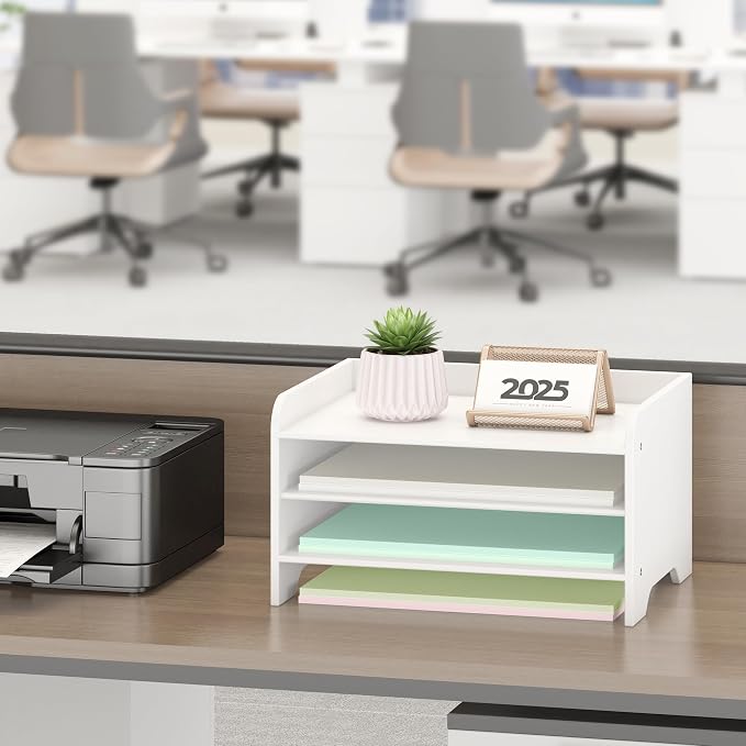 Desk File Organizer 4-Tier Desktop Paper Mail Organizer Document Holder for Home Office Supplies, Office Desk Accessories & Workspace (White)