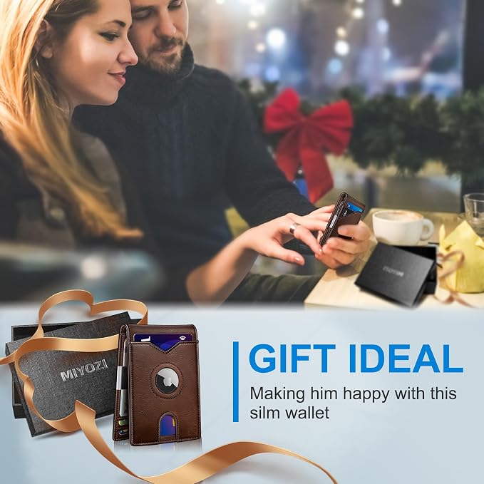 miyozi Airtag Wallet for Men,with Money Clip 11 Cards Slim Front Pocket Leather RFID Blocking Wallet with Gift Box