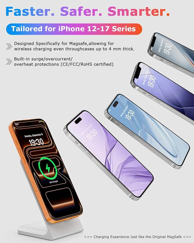 Mag Safe Charger Stand for iPhone: Qi-Certified Fast Magnetic Wireless Charging Station for iPhone 17/16/15/14/13/12 Series (Lunar White)