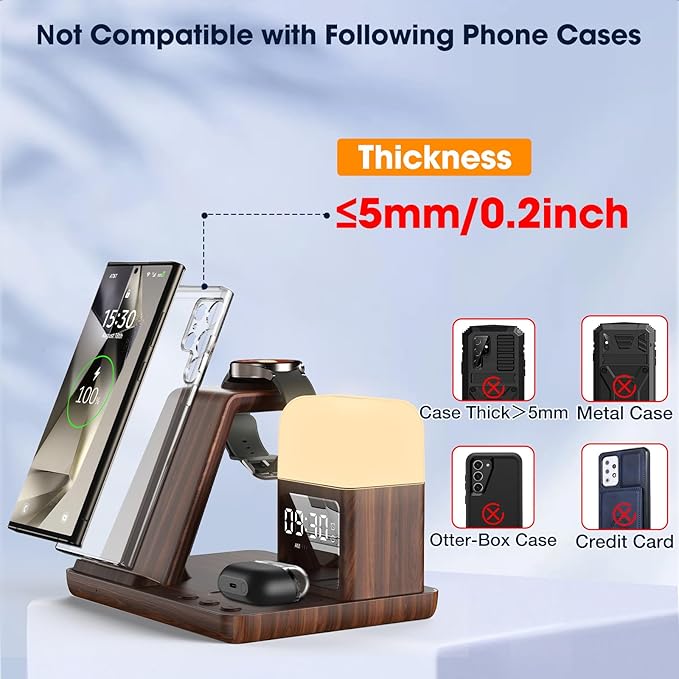 Wireless Charger for Samsung/Android, 6 in 1 Phone Nightstand Charging Station Charger with Alarm Clock/Night Light for Samsung S25/S24/S23 Ultra/Buds3,Watch Charger for Galaxy Watch 8/7/6/5-Wood