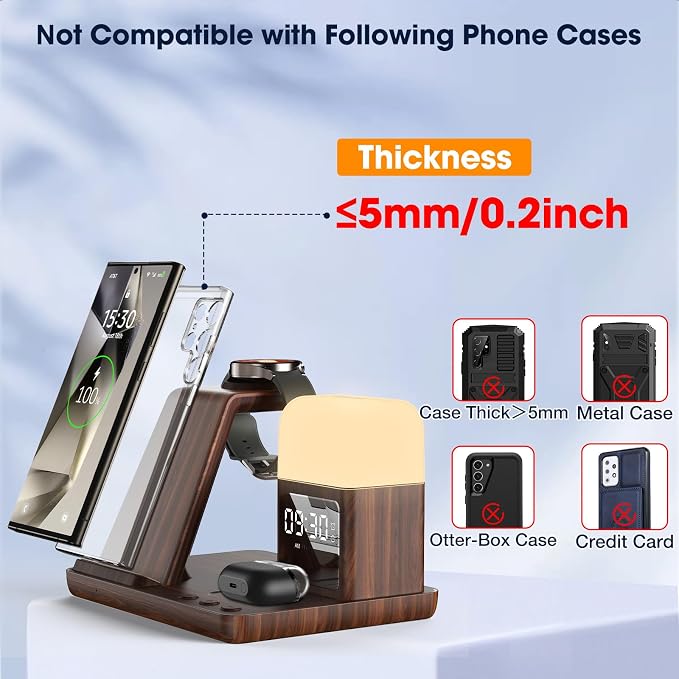 Wireless Charger for Samsung/Android, 6 in 1 Phone Nightstand Charging Station Charger with Alarm Clock/Night Light for Samsung S26/S25/S24 Ultra/Buds4,Watch Charger for Galaxy Watch 8/7/6/5