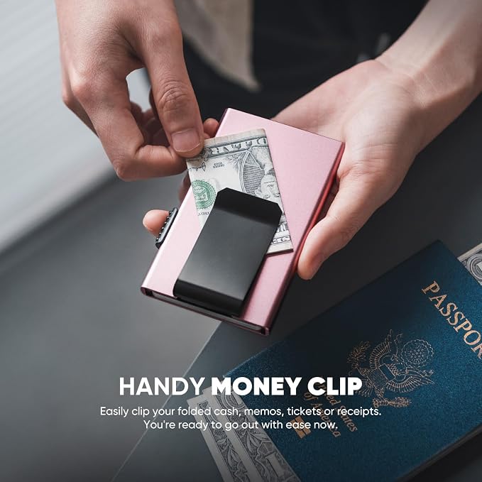 VULKIT Minimalist Wallet with Money Clip RFID Protection Pop Up Card Holder Slim Wallet Credit Card Holder Metal Wallet, Rose Gold