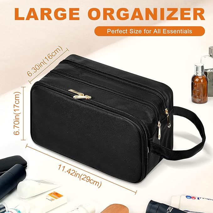 Grekos Waterproof Hanging Toiletry Bag | Large Capacity PU Leather Travel Organizer with Wet/Dry Compartments | Foldable Storage Bags Cosmetic & Shaving Kit for Women Men (Black)