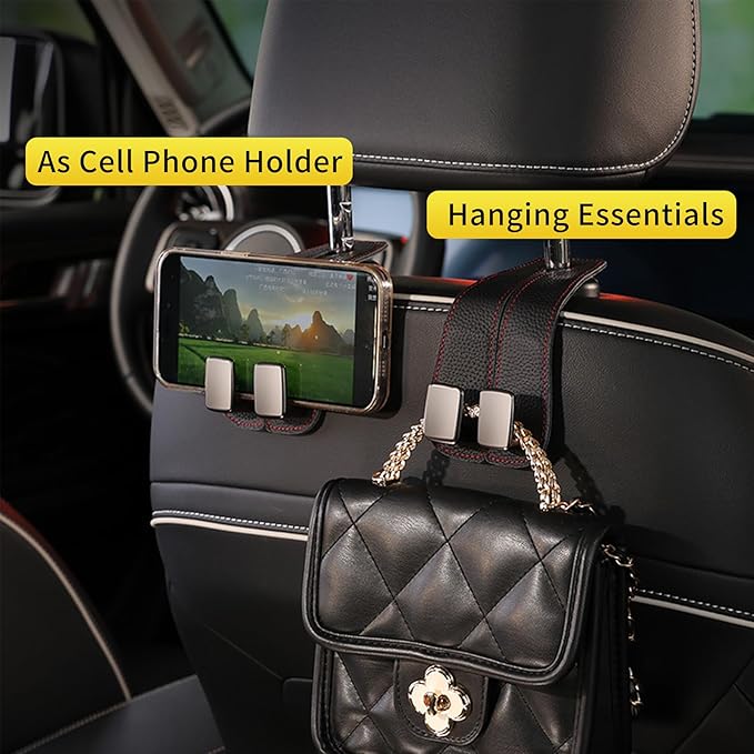 WEIHAO Car Purse Hook, Genuine Leather Car Seat Back Storage Hook, Purse Hook for Car Headrest, Twin Hook Leather Car Headrest Hangers, Bag Hook for Car, Trucks, SUVs, Most Vehicles (Black-2 PCS)