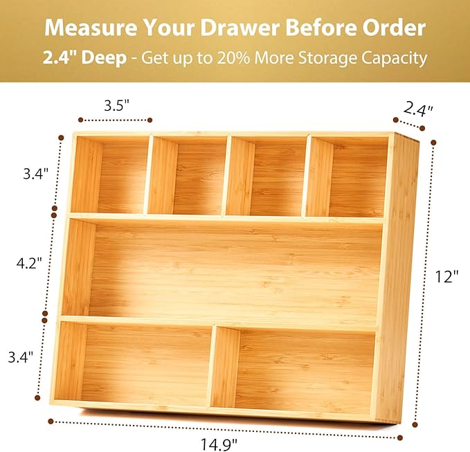 Umilife Large Bamboo Desk Drawer Organizer, Wood Office Junk Tray, 15"x12" | 2.4" Tall for Deep Drawer - Adjustable slots - Anti Slip Silicone Pads - Versatile Storage Box in Kitchen, Pantry