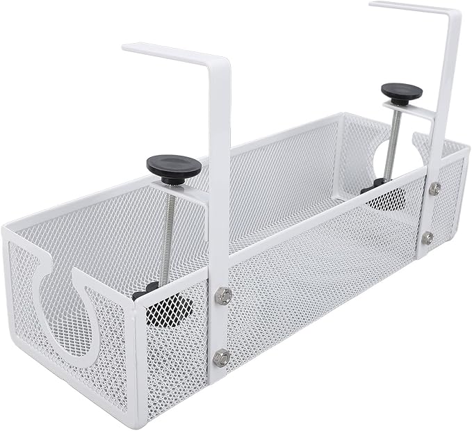 Under Desk Cable Management Tray, Carbon Steel Cord Organizer with Side Round Hole and Trapezoidal Design, Metal Desk Cable Management System for Office Study Workstation (White)
